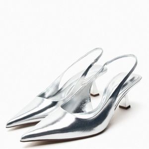 Zara Metallic Silver Slingback Kitten Heels